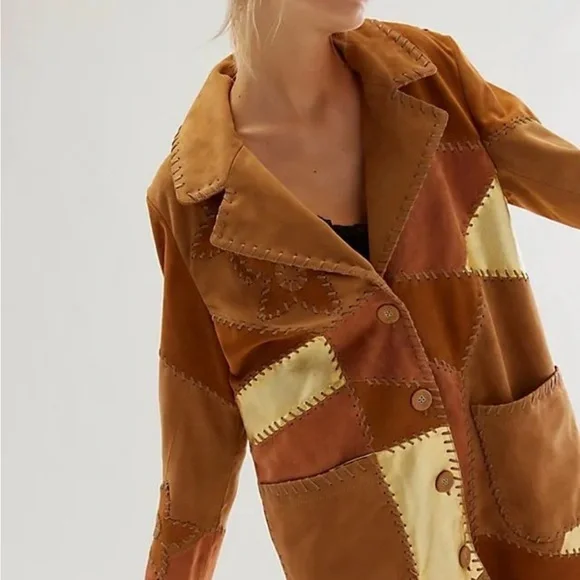Free People Patchwork Leather Jacket in Tan and Cream